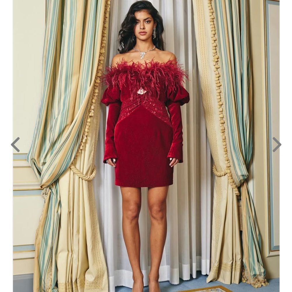 Nana Jacqueline Eve Red Feathered Velvet Mini Dress